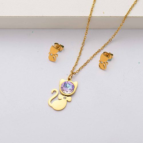 Cat crystal 18k gold plated stainless steel jewelry sets for women-SSCSG143-34507