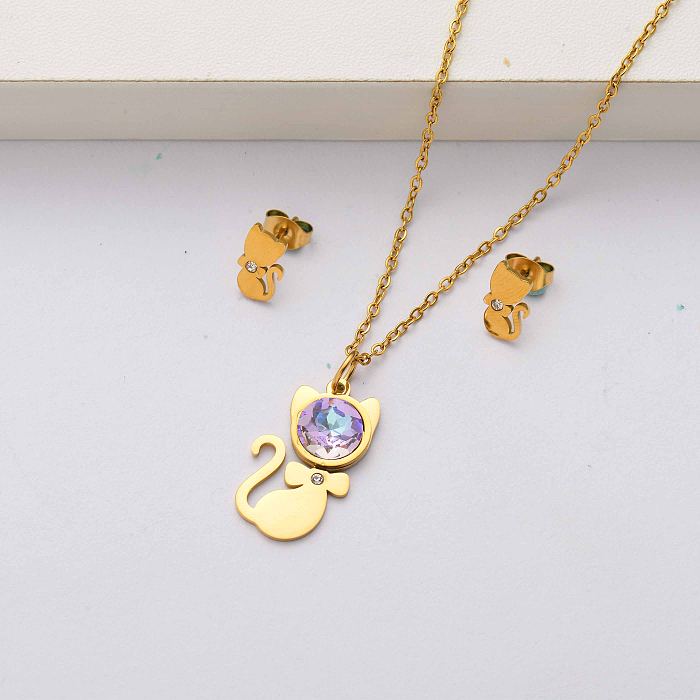 Cat crystal 18k gold plated stainless steel jewelry sets for women-SSCSG143-34507