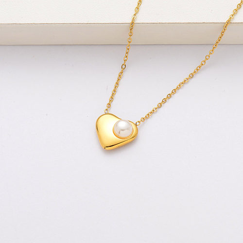 Collar de acero inoxidable chapado en oro de 18k con perlas de corazón-SSNEG143-34365