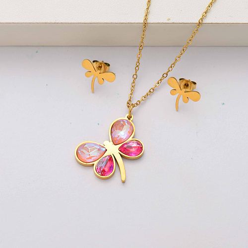 Dragonfly crystal 18k gold plated stainless steel jewelry sets for women-SSCSG143-34542