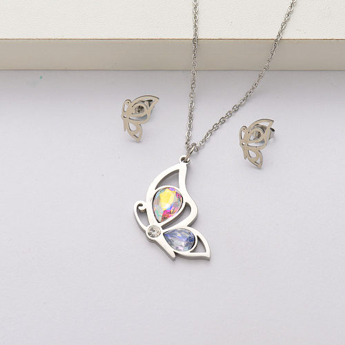 Conjuntos de collar de acero inoxidable con cristal de mariposa para mujer-SSCSG143-34426