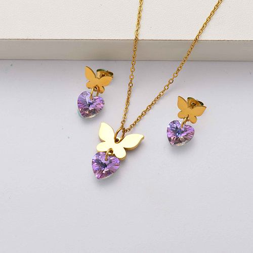 Butterfly 18k gold plated stainless steel jewelry sets for women-SSCSG143-34462
