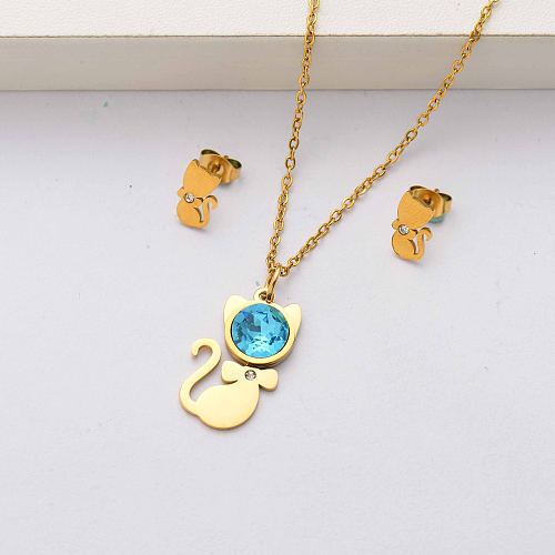 Cat crystal 18k gold plated stainless steel jewelry sets for women-SSCSG143-34505