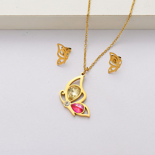 Conjuntos de joyas de acero inoxidable chapados en oro de 18 quilates con cristales de mariposa para mujeres-SSCSG143-34438