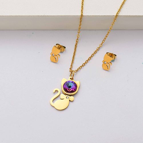 Cat crystal 18k gold plated stainless steel jewelry sets for women-SSCSG143-34490