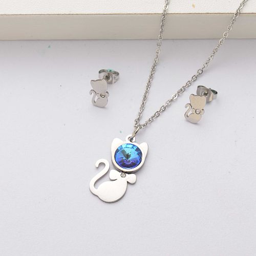 Conjuntos de joyas de acero inoxidable con cristales de gato para mujer-SSCSG143-34516