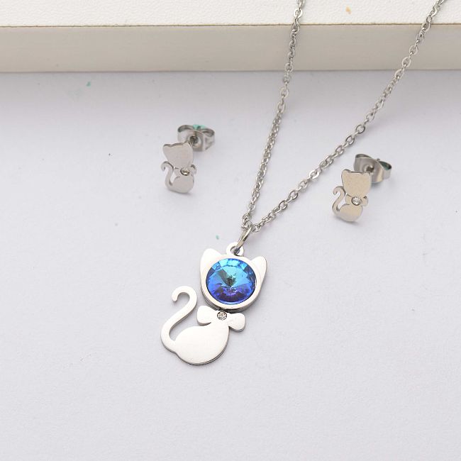 Conjuntos de joyas de acero inoxidable con cristales de gato para mujer-SSCSG143-34516