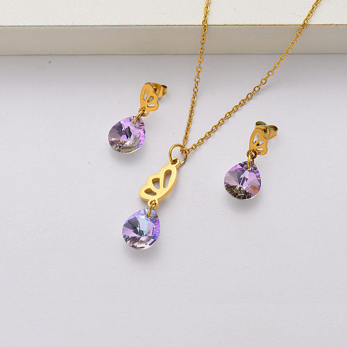 Conjuntos de joyas de acero inoxidable chapados en oro de 18 quilates con cristal de ala de mariposa para mujeres-SSCSG143-34444