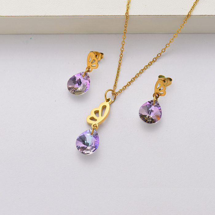 Conjuntos de joias em aço inoxidável banhado a ouro 18k de cristal asa de borboleta para mulheres-SSCSG143-34444