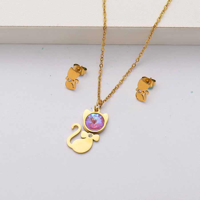 Cat crystal 18k gold plated stainless steel jewelry sets for women-SSCSG143-34498