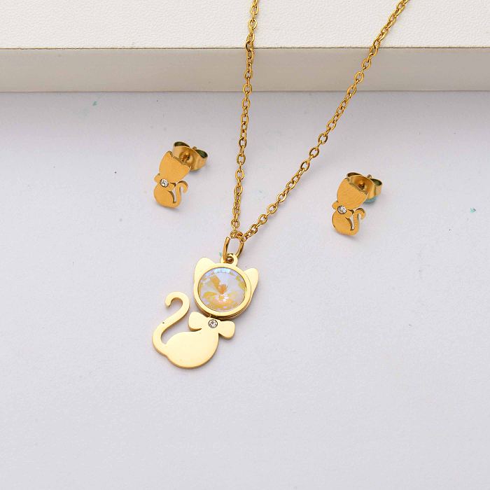 Cat crystal 18k gold plated stainless steel jewelry sets for women-SSCSG143-34494