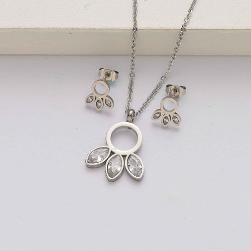 Leaf crystal stainless steel jewelry sets for women-SSCSG142-34622