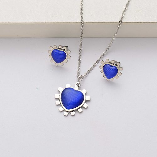 مجموعات مجوهرات القلب من الحجر الطبيعي الفولاذ المقاوم للصدأ للنساء- SSCSG143-34469