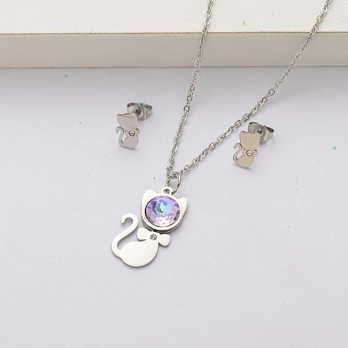 Cat crystal stainless steel jewelry sets for women-SSCSG143-34521