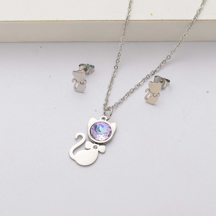Cat crystal stainless steel jewelry sets for women-SSCSG143-34521