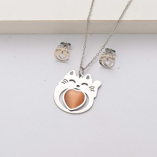 Ensembles de bijoux en acier inoxydable chat en pierre naturelle pour femmes-SSCSG143-34557
