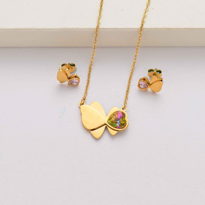 أطقم مجوهرات من الفولاذ المقاوم للصدأ مطلية بالذهب عيار 18 قيراط على شكل قلب فراشة للنساء- SSCSG143-34598