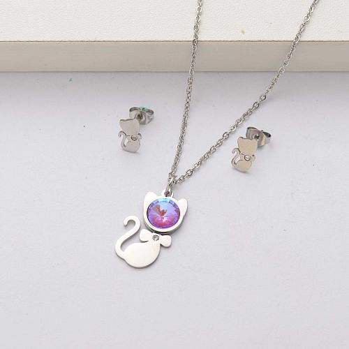 Ensembles de bijoux en acier inoxydable avec cristal de chat pour femmes-SSCSG143-34519