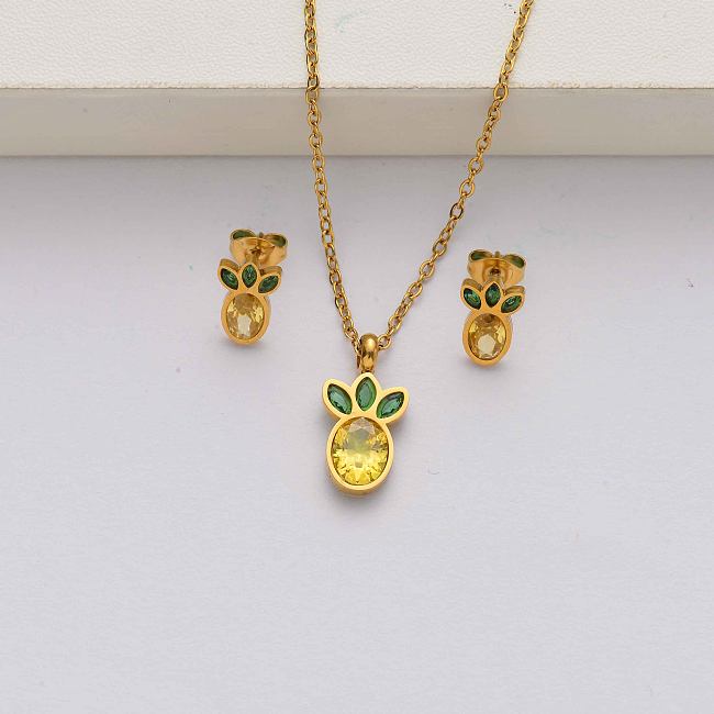 Conjuntos de joias em aço inoxidável banhado a ouro 18k de cristal Penapple para mulheres-SSCSG142-34642