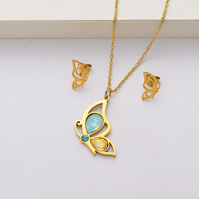 Conjuntos de joyas de acero inoxidable chapados en oro de 18 quilates con cristales de mariposa para mujeres-SSCSG143-34422