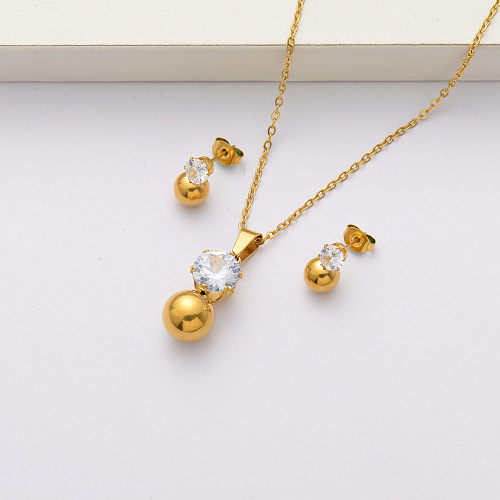 Conjuntos de joyas de acero inoxidable chapado en oro de 18 quilates con circonita CZ para mujer-SSCSG143-34373