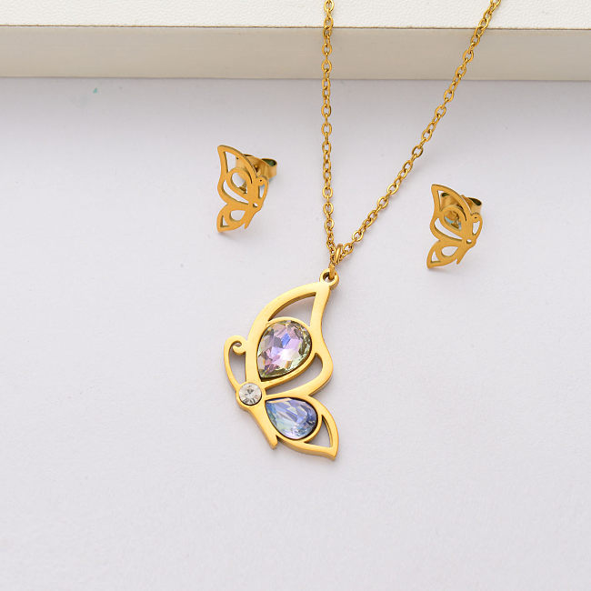 Butterfly crystal 18k gold plated stainless steel jewelry sets for women-SSCSG143-34421