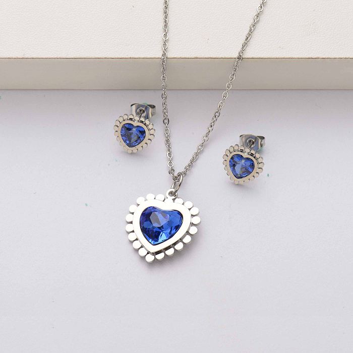 Conjuntos de joyas de acero inoxidable con cristales de corazón para mujer-SSCSG143-34473