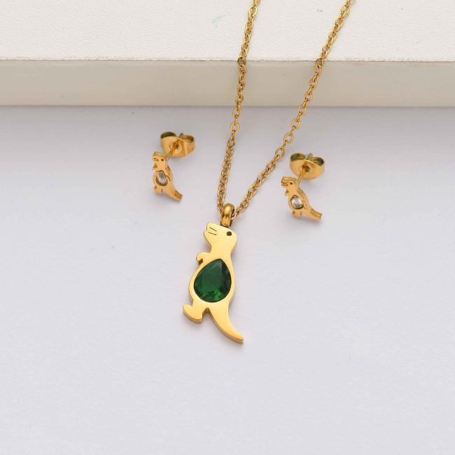 طقم مجوهرات من الستانلس ستيل مطلي بالذهب عيار 18 قيراط بتصميم ديناصور للنساء- SSCSG142-34614