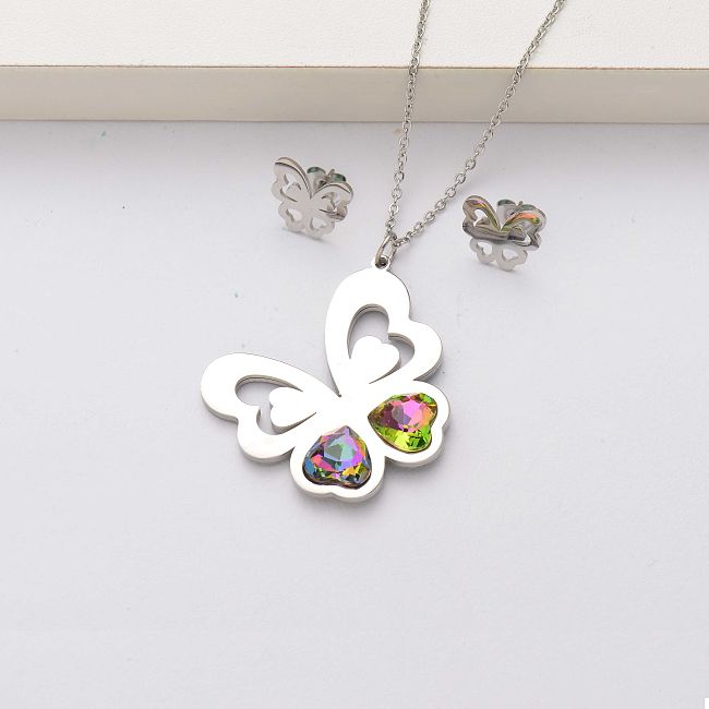 Conjuntos de joyas de acero inoxidable con cristales de mariposa para mujer-SSCSG143-34564