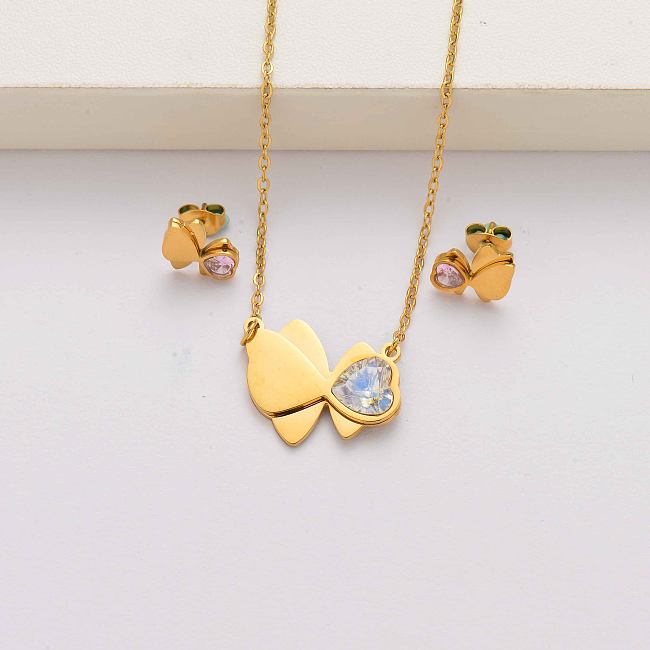 أطقم مجوهرات من الفولاذ المقاوم للصدأ مطلية بالذهب عيار 18 قيراط على شكل قلب فراشة للنساء- SSCSG143-34596
