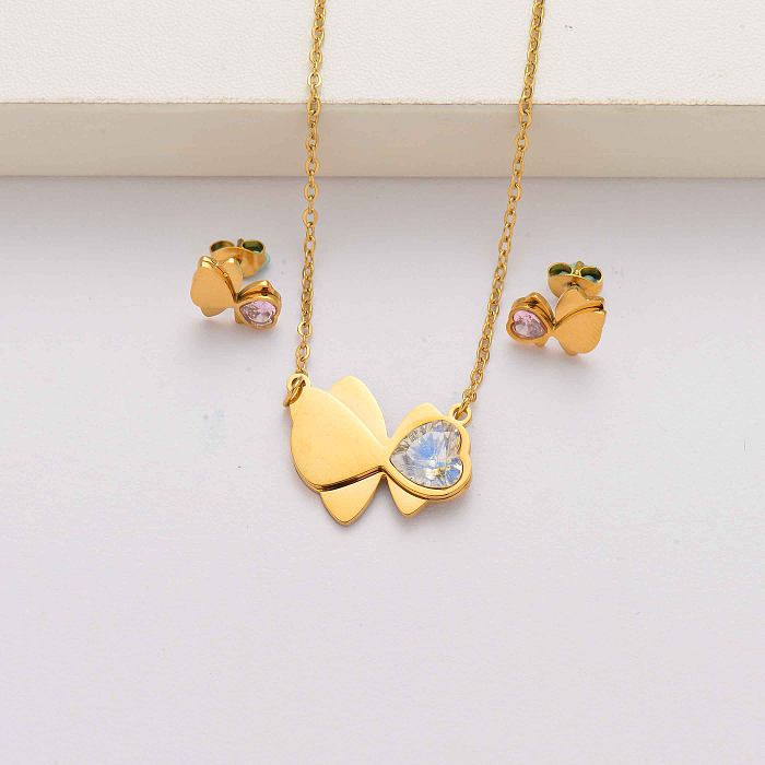 Corazón mariposa cristal 18k chapado en oro conjuntos de joyas de acero inoxidable para mujeres-SSCSG143-34596