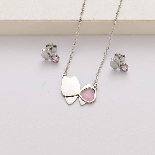 Conjuntos de joyas de acero inoxidable con cristal de mariposa en forma de corazón para mujer-SSCSG143-34606