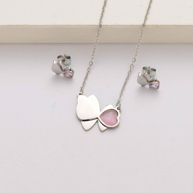 Conjuntos de joyas de acero inoxidable con cristal de mariposa en forma de corazón para mujer-SSCSG143-34606