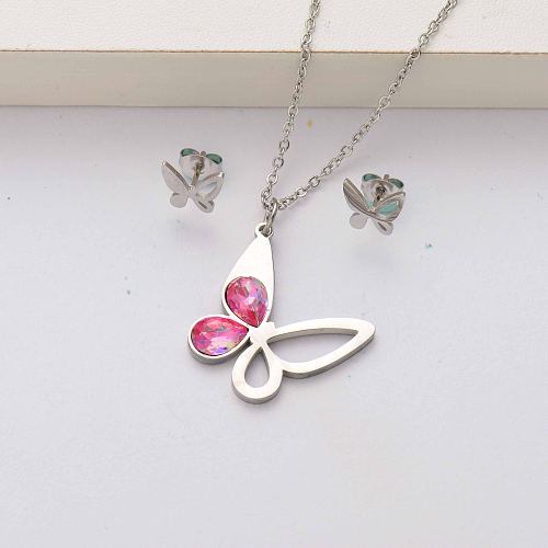 Conjuntos de joyas de acero inoxidable con cristales de mariposa para mujer-SSCSG143-34553