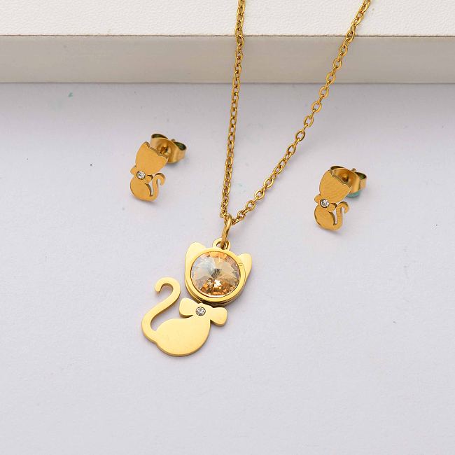 Cat crystal 18k gold plated stainless steel jewelry sets for women-SSCSG143-34495