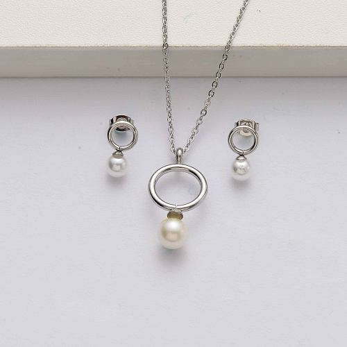 Conjuntos de joyas de acero inoxidable con perlas para mujer-SSCSG142-34641