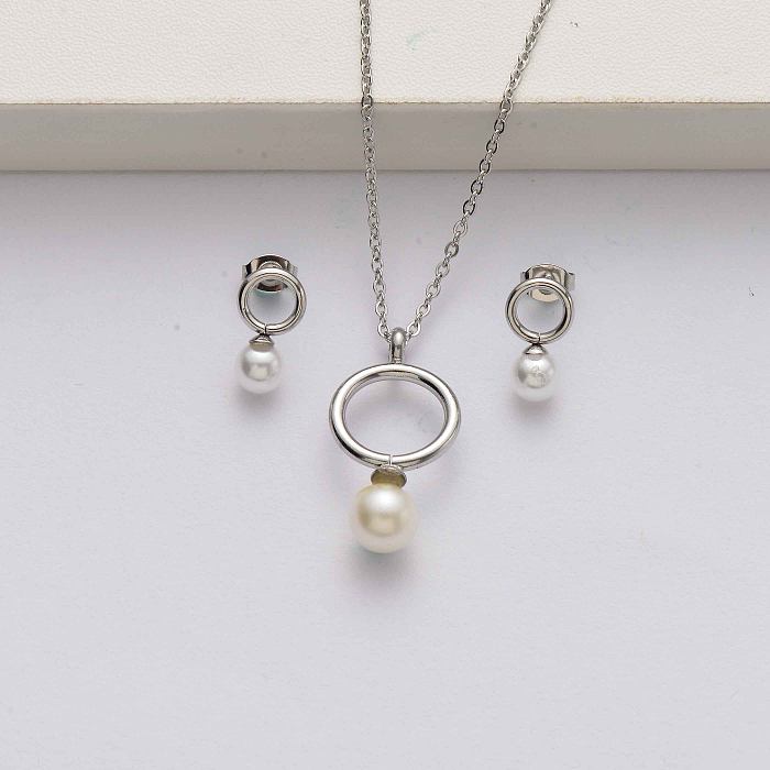 Conjuntos de joyas de acero inoxidable con perlas para mujer-SSCSG142-34641