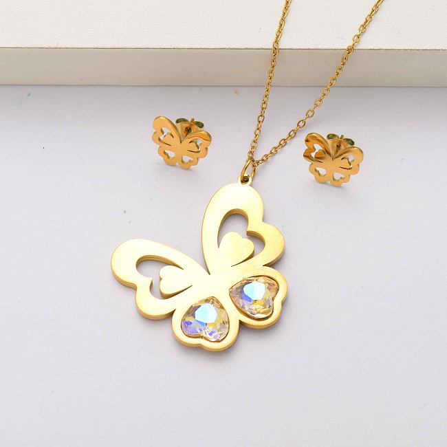 Butterfly crystal 18k gold plated stainless steel jewelry sets for women-SSCSG143-34567