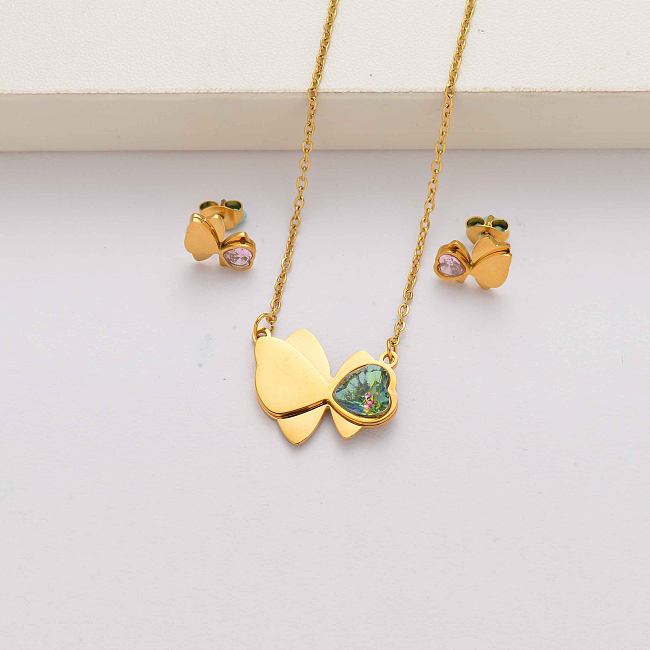 Conjuntos de joias em aço inoxidável banhado a ouro 18k de cristal borboleta em forma de coração para mulheres-SSCSG143-34601