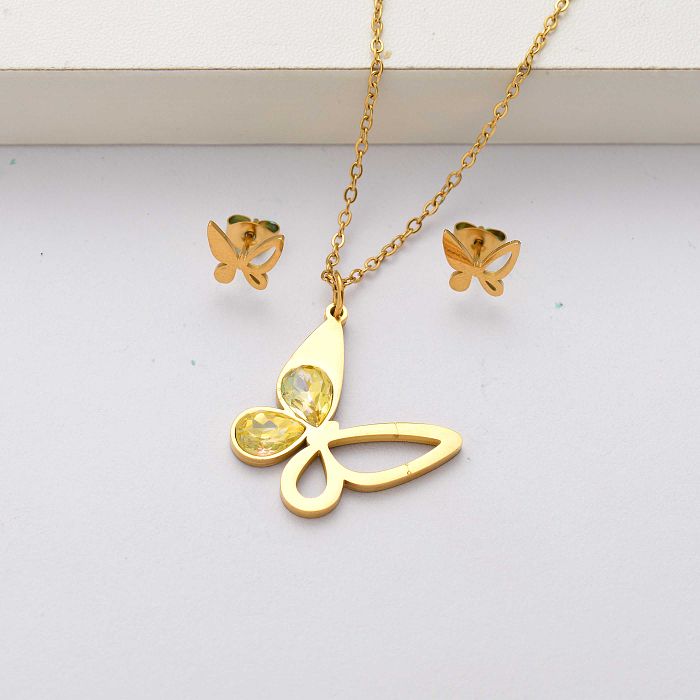 Butterfly crystal 18k gold plated stainless steel jewelry sets for women-SSCSG143-34548