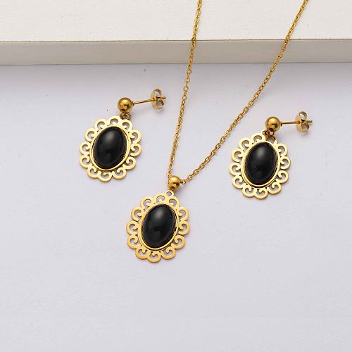 Onyx 18k gold plated stainless steel jewelry sets for women-SSCSG143-34488