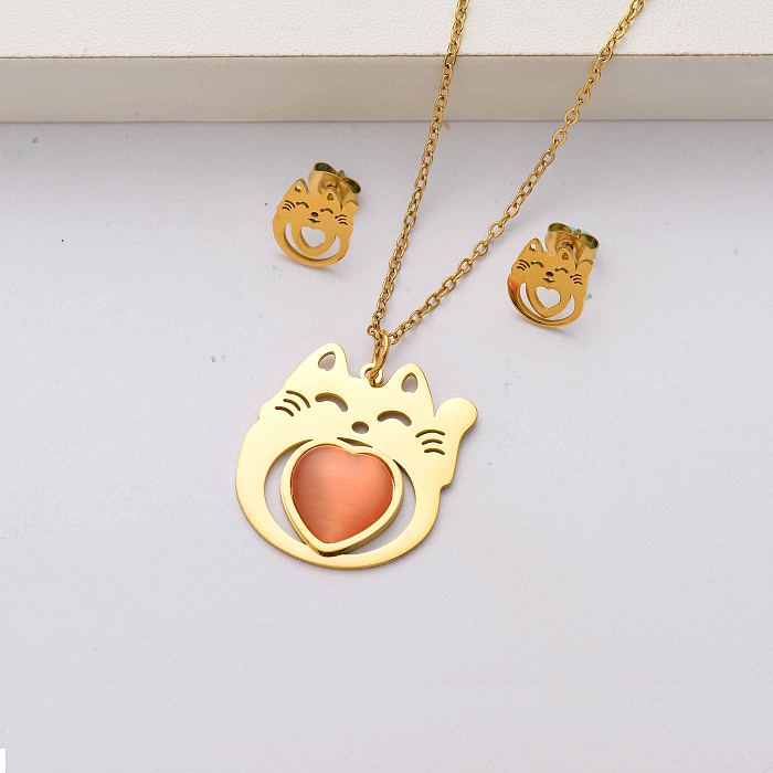 Cat natural stone 18k gold plated stainless steel jewelry sets for women-SSCSG143-34559