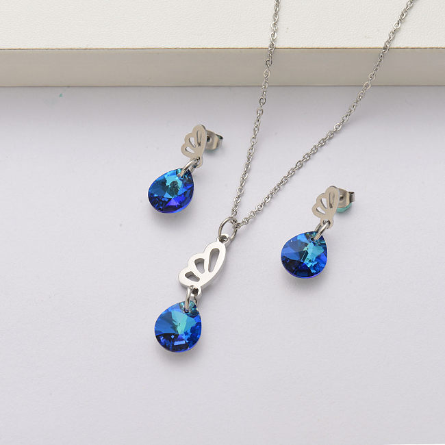 Conjuntos de joias de cristal de asa de borboleta em aço inoxidável para mulheres-SSCSG143-34448