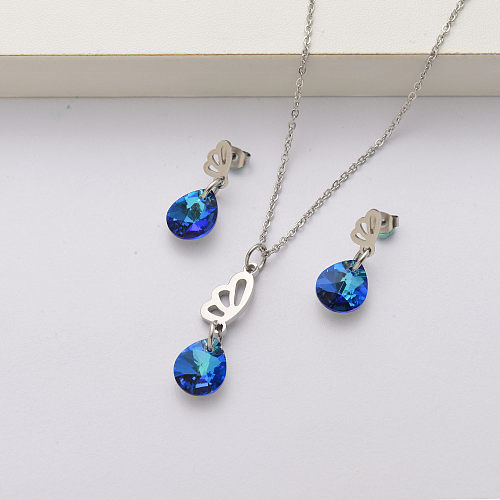 Conjuntos de joyas de acero inoxidable con cristal de ala de mariposa para mujer-SSCSG143-34448
