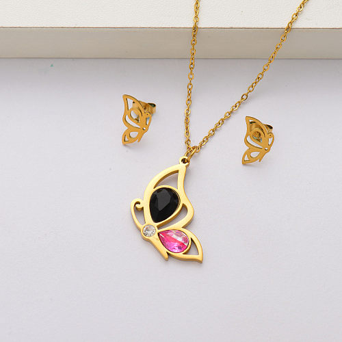 Conjuntos de joyas de acero inoxidable chapados en oro de 18 quilates con cristales de mariposa para mujeres-SSCSG143-34436