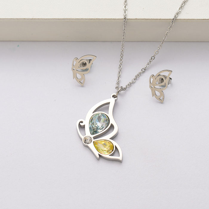 Conjuntos de collar de acero inoxidable con cristal de mariposa para mujer-SSCSG143-34424