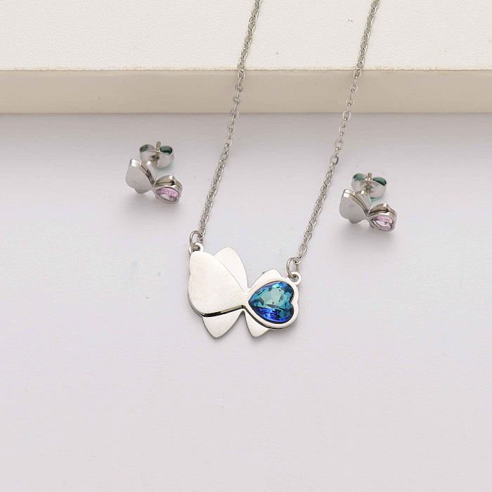 Conjuntos de joias em aço inoxidável de cristal borboleta em forma de coração para mulheres-SSCSG143-34604