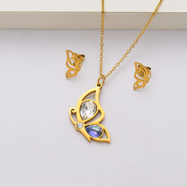 Conjuntos de joias de cristal borboleta de aço inoxidável banhado a ouro 18k para mulheres-SSCSG143-34419