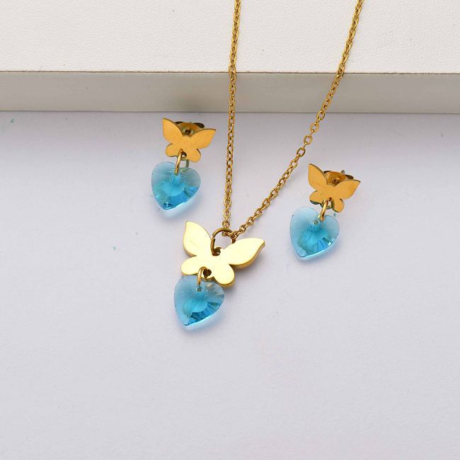 Conjuntos de joyas de mariposa de acero inoxidable chapado en oro de 18 quilates para mujer-SSCSG143-34458