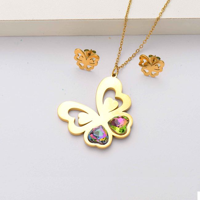 Conjuntos de joyas de acero inoxidable chapados en oro de 18 quilates con cristales de mariposa para mujeres-SSCSG143-34568